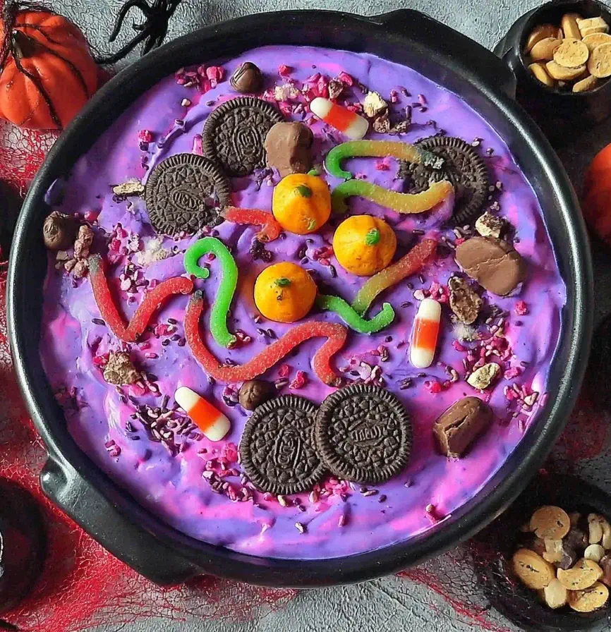 Colorful Halloween Dunkaroo Dip topped with Oreos, gummy worms, candy pumpkins, and festive sprinkles in a black cauldron bowl.