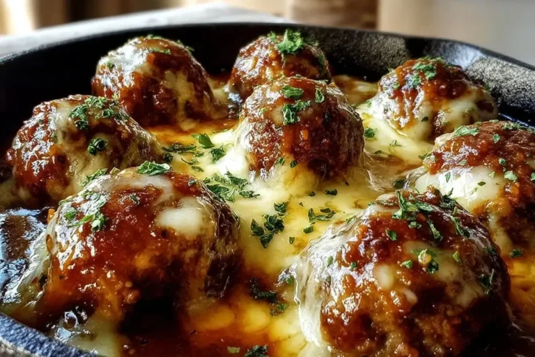 Crockpot French Onion Meatballs covered in melted cheese and rich onion gravy, served hot in a cast iron skillet.