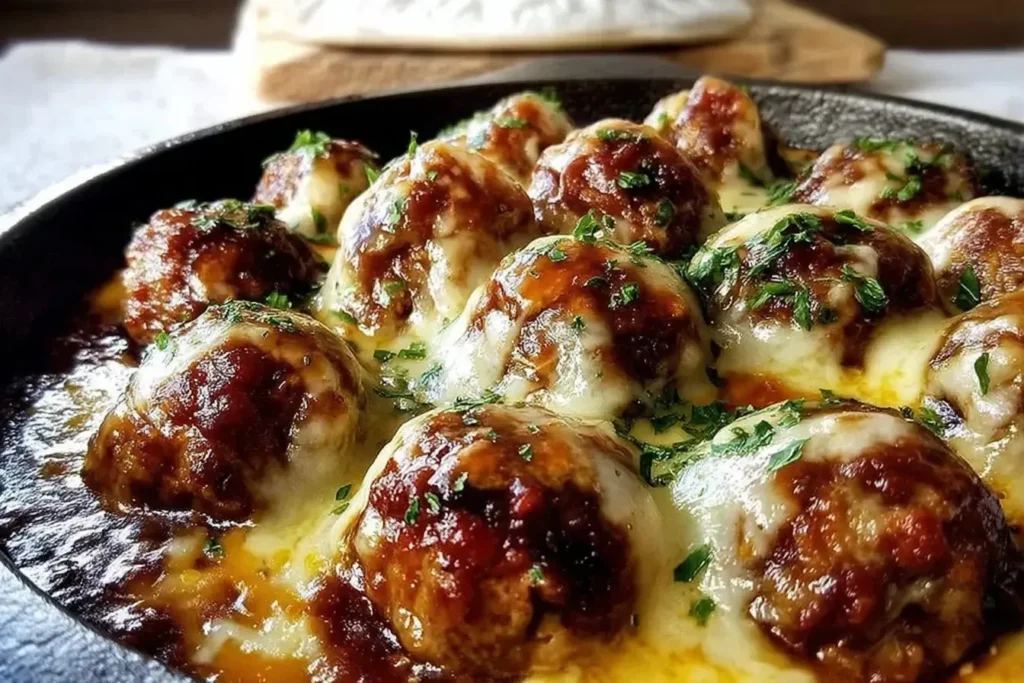 Crockpot French Onion Meatballs topped with melted mozzarella and parsley in rich onion gravy, served hot and bubbling in a cast iron pan.