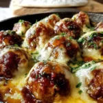 Crockpot French Onion Meatballs topped with melted mozzarella and parsley in rich onion gravy, served hot and bubbling in a cast iron pan.