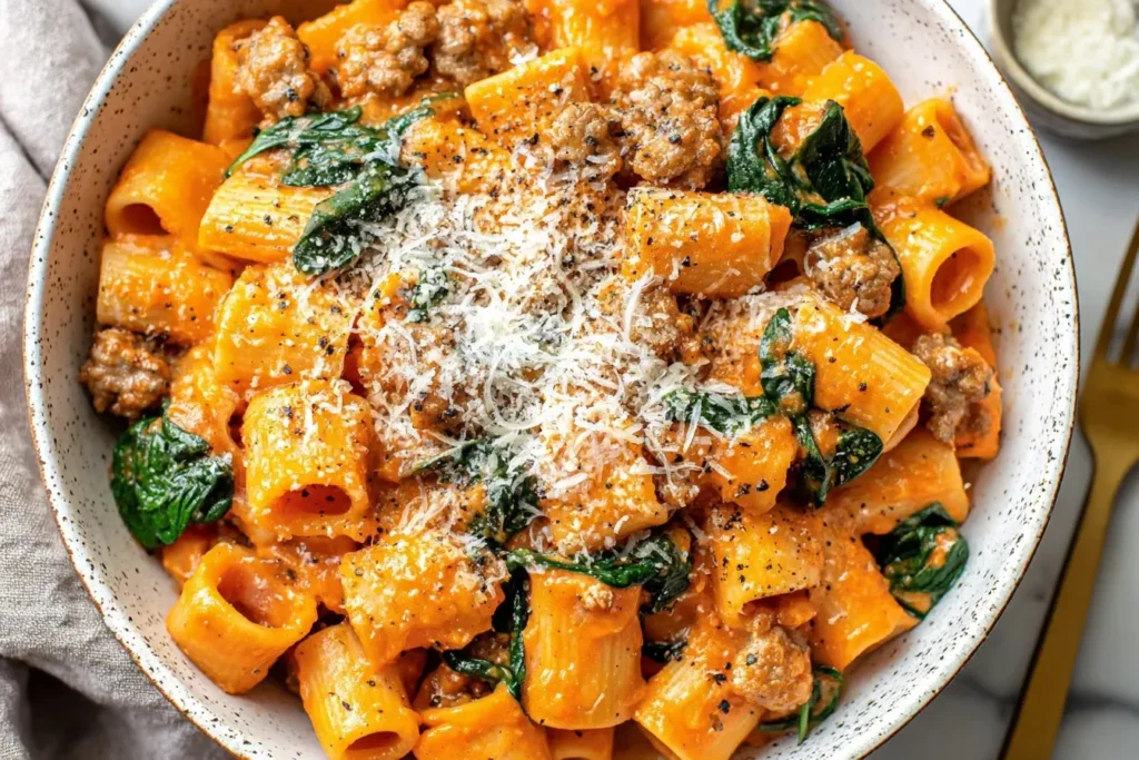 Creamy Butternut Squash Pasta with sausage, spinach, and Parmesan served in a cozy bowl