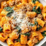 Creamy Butternut Squash Pasta with sausage, spinach, and Parmesan served in a cozy bowl
