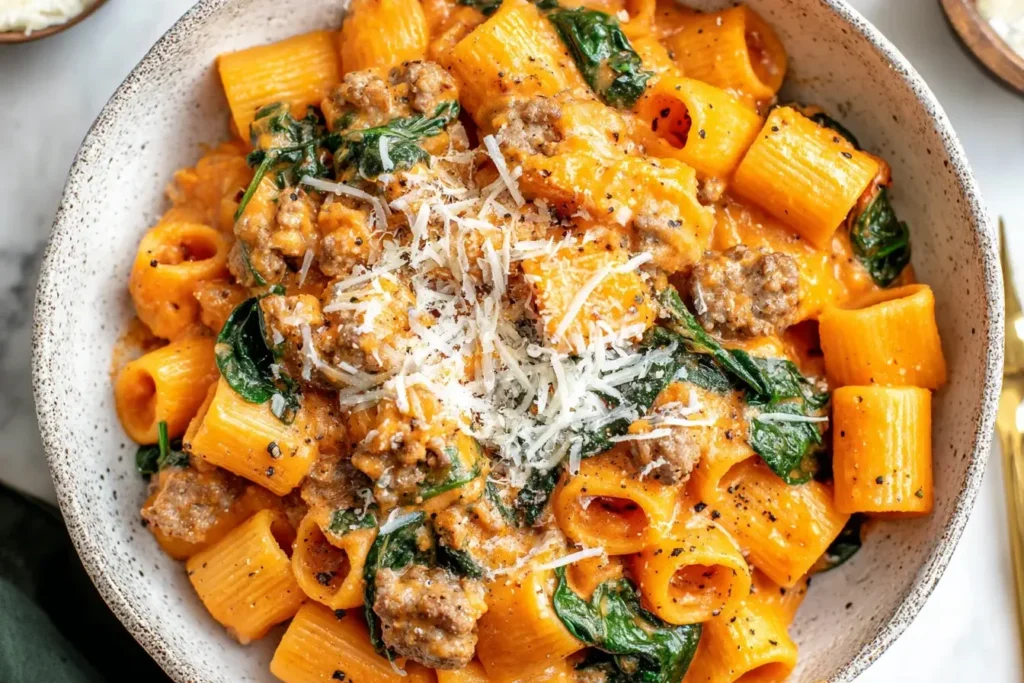Creamy Butternut Squash Pasta with sausage and spinach topped with Parmesan cheese in a rustic bowl
