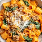 Creamy Butternut Squash Pasta with sausage and spinach topped with Parmesan cheese in a rustic bowl