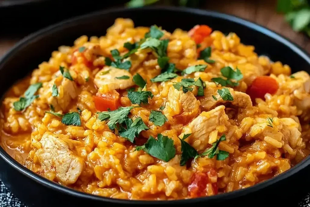 Creamy One Pot Queso Chicken and Rice topped with fresh cilantro in a black bowl