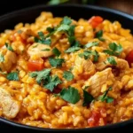 Creamy One Pot Queso Chicken and Rice topped with fresh cilantro in a black bowl
