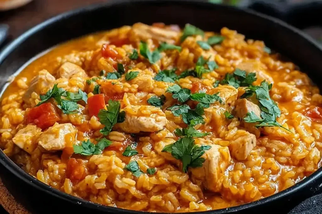 One Pot Queso Chicken and Rice with juicy tomatoes and creamy cheese, garnished with fresh parsley