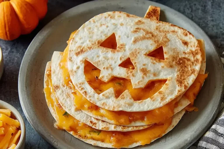 Jack O Lantern Quesadillas filled with melted cheddar cheese on a plate, perfect festive Halloween snack.