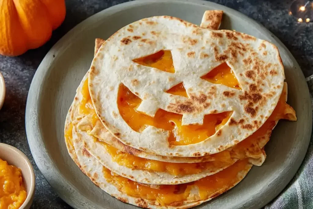Jack O Lantern Quesadillas stacked on a plate with melted cheese oozing out, festive and fun Halloween-themed snack for kids and adults.