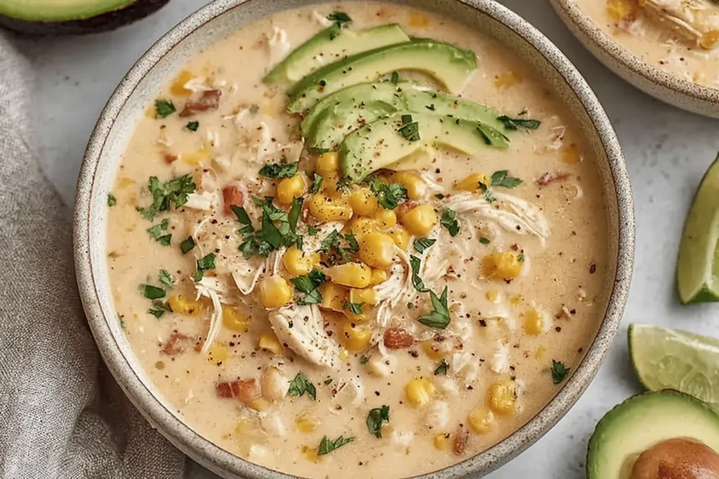 Mexican Street Corn White Chicken Chili garnished with avocado slices, corn, cilantro, and shredded chicken in a creamy broth