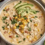 Mexican Street Corn White Chicken Chili garnished with avocado slices, corn, cilantro, and shredded chicken in a creamy broth