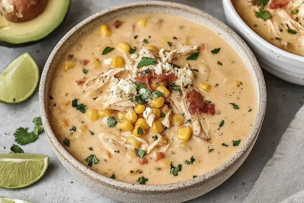 Mexican Street Corn White Chicken Chili topped with corn, shredded chicken, bacon, and cilantro in a rustic bowl