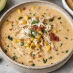 Mexican Street Corn White Chicken Chili topped with corn, shredded chicken, bacon, and cilantro in a rustic bowl