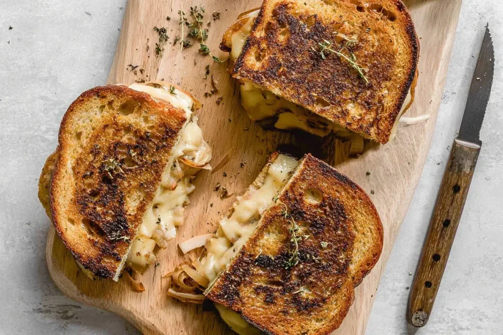 Close-up of Caramelized Onion and Apple Grilled Cheese Sandwich halves on a wooden board, with melted cheese and herbs spilling out.