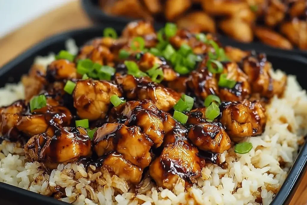 Honey BBQ Chicken Rice served in a black bowl, topped with sticky BBQ-glazed chicken bites and garnished with green onions over a bed of white rice.