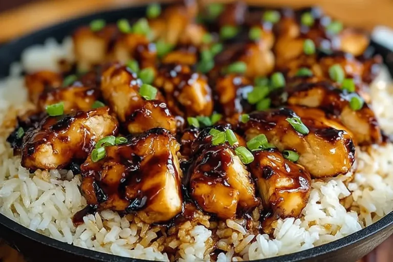 Close-up of Honey BBQ Chicken Rice topped with sweet smoky sauce and fresh green onions served over fluffy white rice in a skillet.