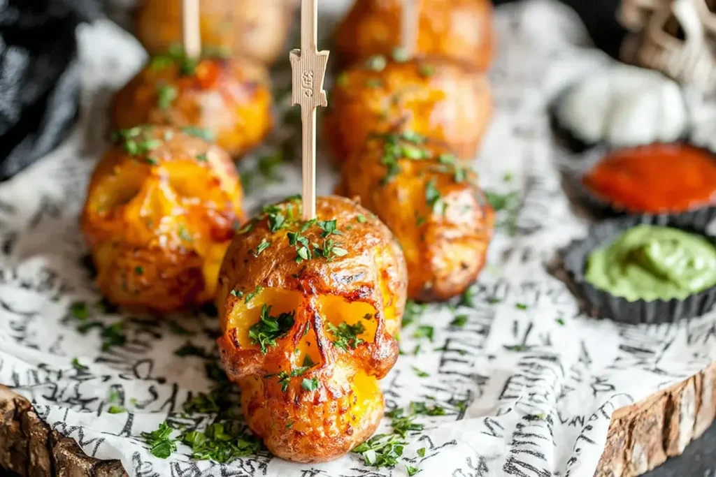 Halloween Skull Potatoes on spooky skewers served with dipping sauces—fun, crispy, and perfect for Halloween party appetizers