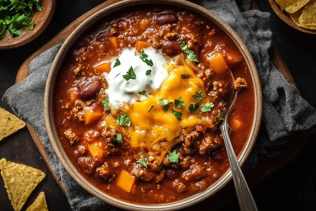 A warm bowl of Pumpkin Chili topped with melted cheddar cheese, sour cream, and fresh parsley, served with tortilla chips on the side.