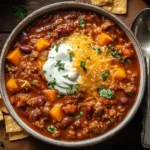 A hearty bowl of Pumpkin Chili topped with sour cream, shredded cheddar, and fresh herbs, served with tortilla chips for a cozy fall meal.