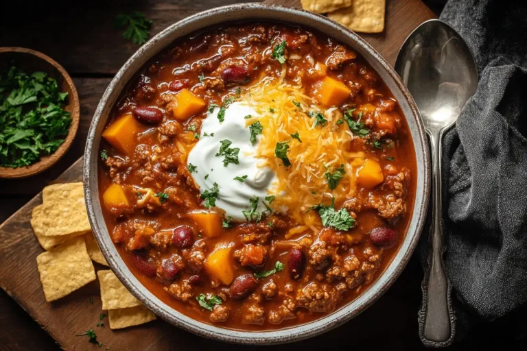 A hearty bowl of Pumpkin Chili topped with sour cream, shredded cheddar, and fresh herbs, served with tortilla chips for a cozy fall meal.