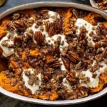 Southern Maple Sweet Potato Casserole with toasted pecans, golden brown topping, and creamy marshmallows in a white baking dish