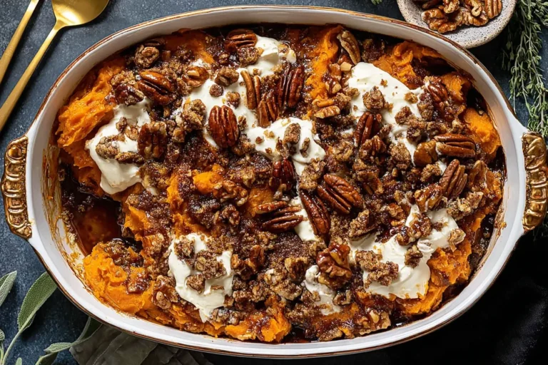 Southern Maple Sweet Potato Casserole with toasted pecans, golden brown topping, and creamy marshmallows in a white baking dish