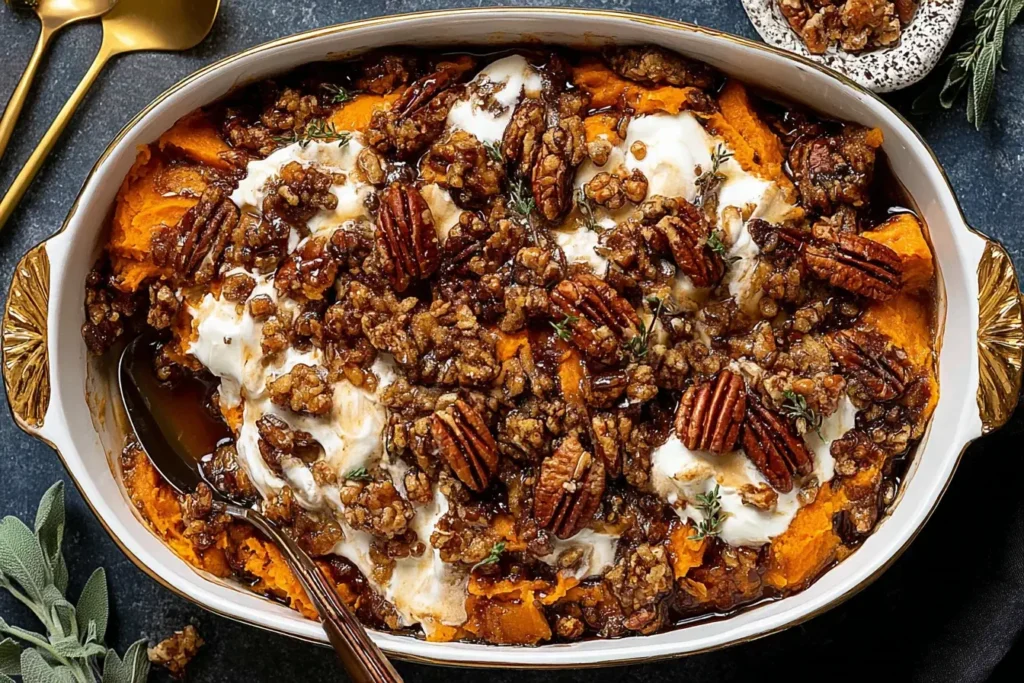 Southern Maple Sweet Potato Casserole topped with pecans, maple syrup, and melted marshmallows in a white baking dish