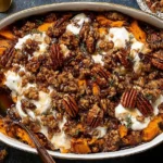 Southern Maple Sweet Potato Casserole topped with pecans, maple syrup, and melted marshmallows in a white baking dish