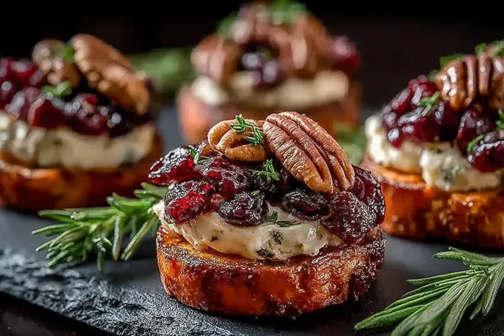 Sweet Potato Rounds with Brie Cranberry and Pecans topped with toasted nuts and fresh herbs on a dark slate serving board