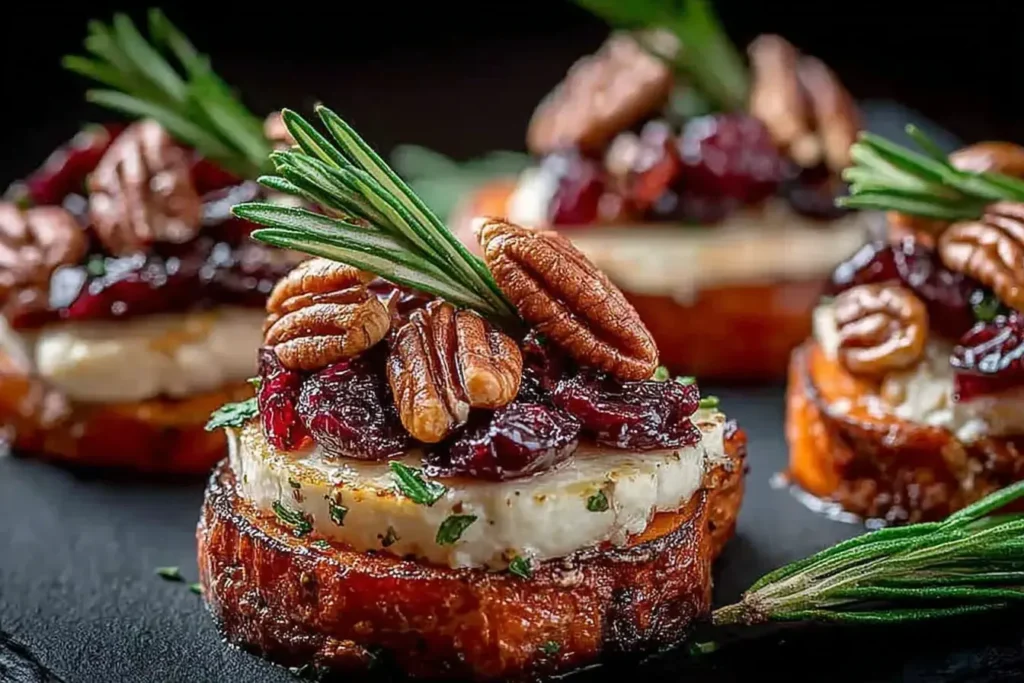 Sweet Potato Rounds with Brie Cranberry and Pecans garnished with rosemary and served as elegant holiday appetizers