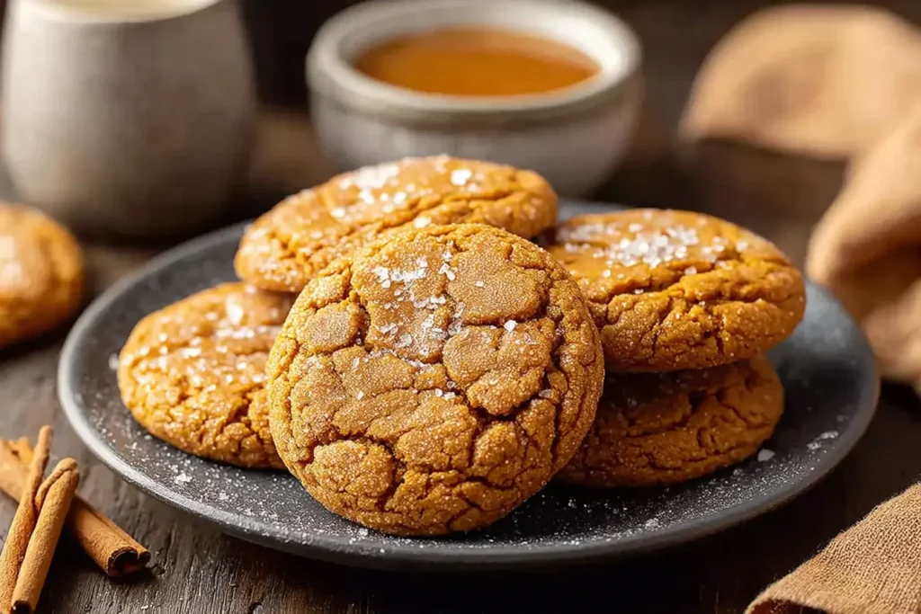 Pumpkin Maple Cookies stacked on a dark plate with cinnamon sticks and maple glaze in the background
