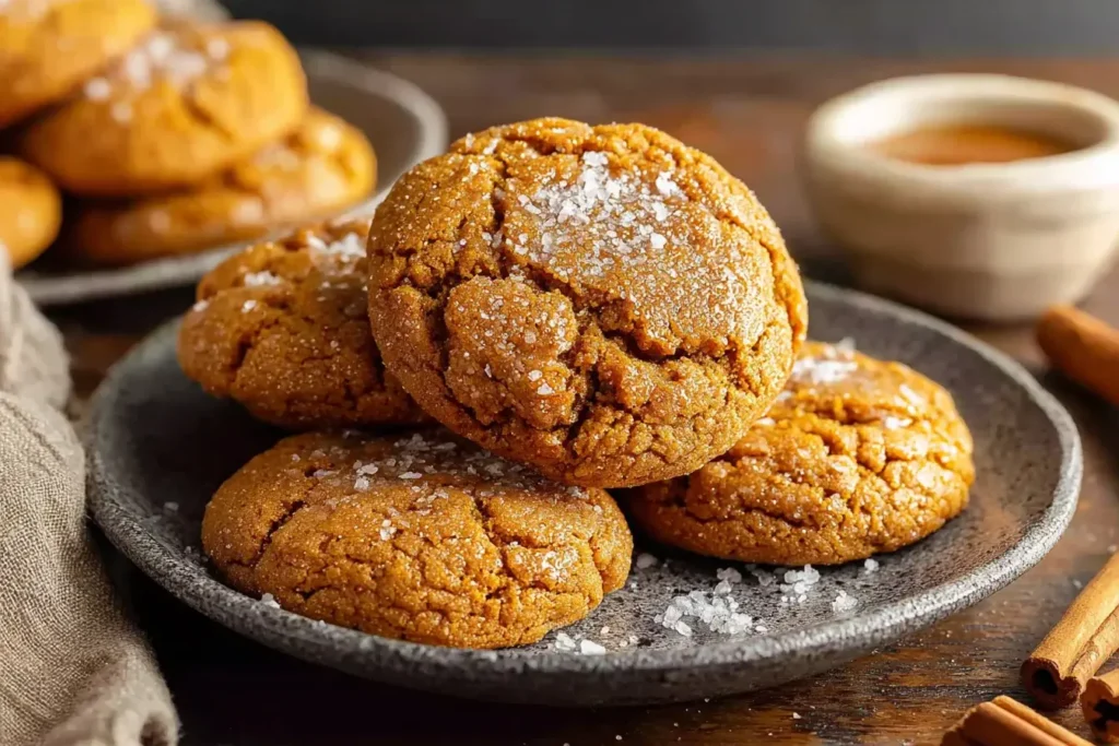 Close-up of chewy Pumpkin Maple Cookies sprinkled with sugar on a rustic plate