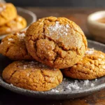 Close-up of chewy Pumpkin Maple Cookies sprinkled with sugar on a rustic plate
