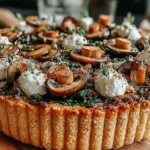 Rustic Pumpkin Sage and Mushroom Tart topped with caramelized mushrooms, ricotta, and fresh herbs on a golden puff pastry crust.