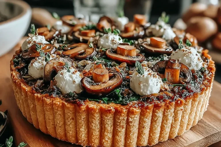 Rustic Pumpkin Sage and Mushroom Tart topped with caramelized mushrooms, ricotta, and fresh herbs on a golden puff pastry crust.