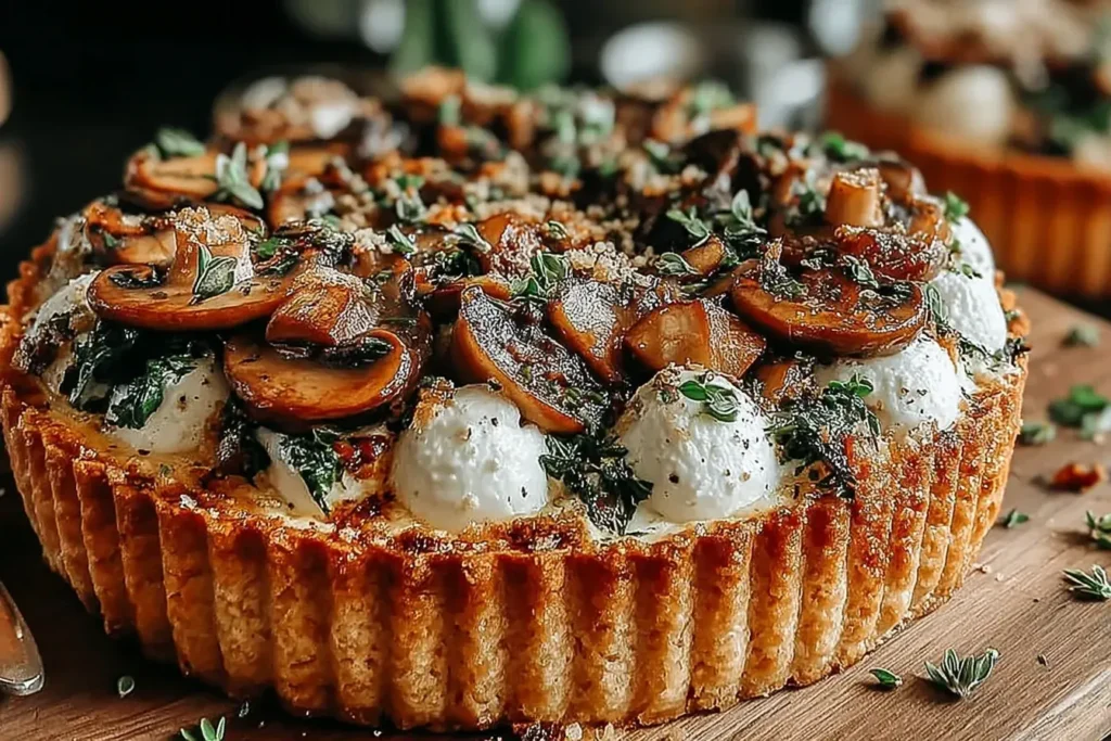 Golden Pumpkin Sage and Mushroom Tart topped with caramelized mushrooms, ricotta dollops, and fresh thyme on a flaky pastry crust.