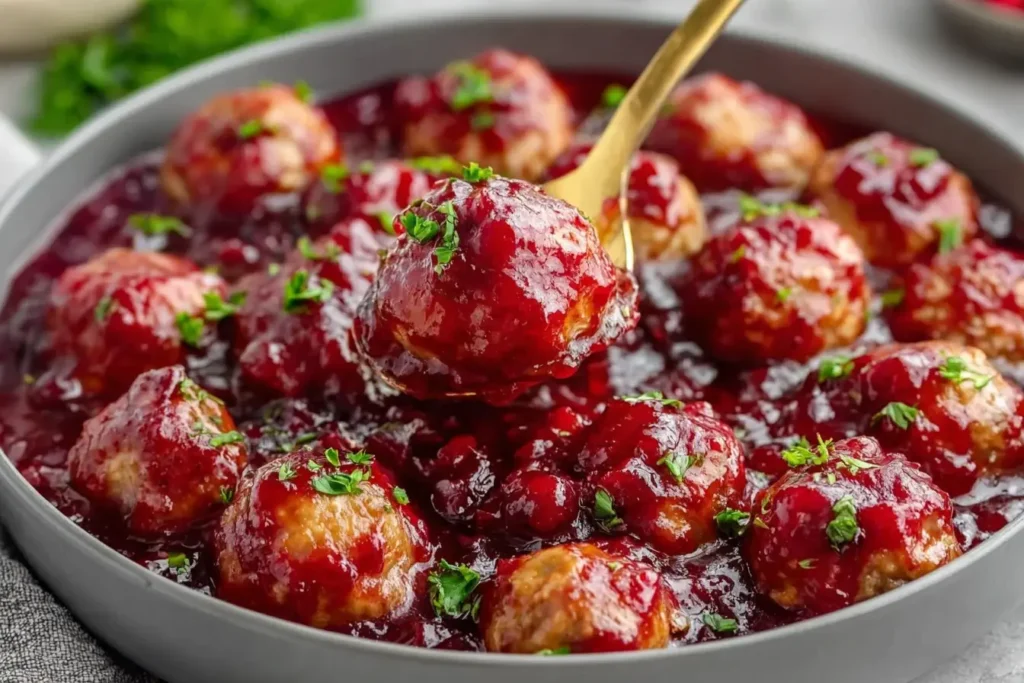 Close-up of Quick Cranberry Meatballs glazed in sweet cranberry sauce, lifted with a golden spoon for a perfect festive bite.