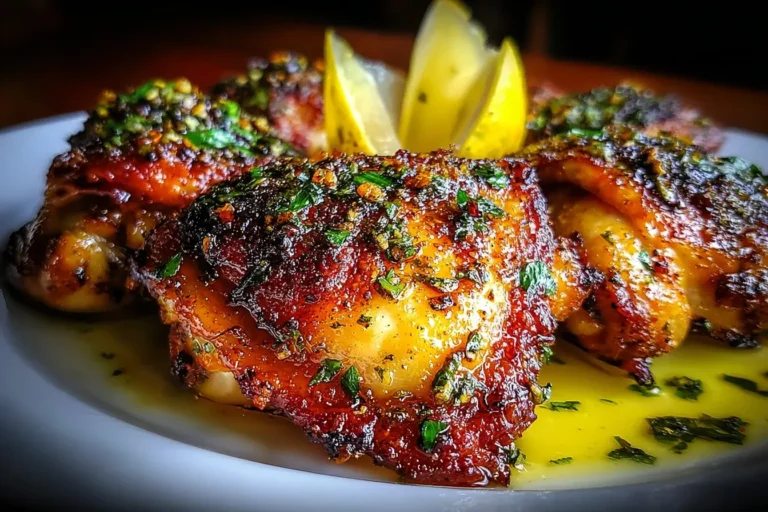 Lemon Paprika Roast Chicken Thighs with crispy caramelized skin, fresh herbs, and lemon wedges, glistening in a zesty garlic-butter pan sauce.