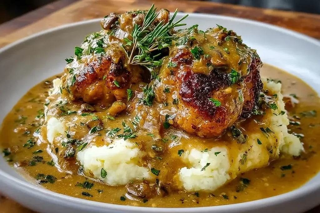 Smothered Chicken Thighs Gravy poured over mashed potatoes with fresh herbs and golden-crisp chicken thighs in rich homemade sauce