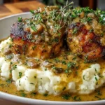 Smothered Chicken Thighs Gravy served over creamy mashed potatoes, topped with rich homemade gravy and fresh herbs