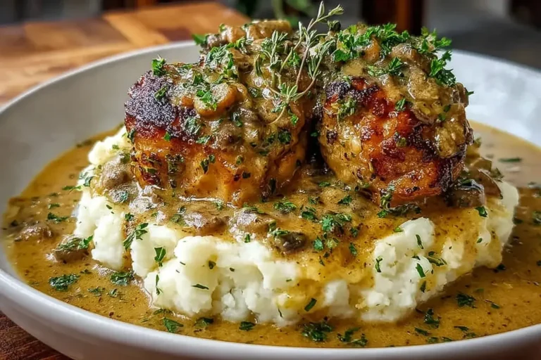 Smothered Chicken Thighs Gravy served over creamy mashed potatoes, topped with rich homemade gravy and fresh herbs
