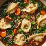 A warm bowl of Potsticker Soup filled with dumplings, spinach, carrots, and mushrooms in a savory soy-ginger broth, topped with sesame seeds and green onions.
