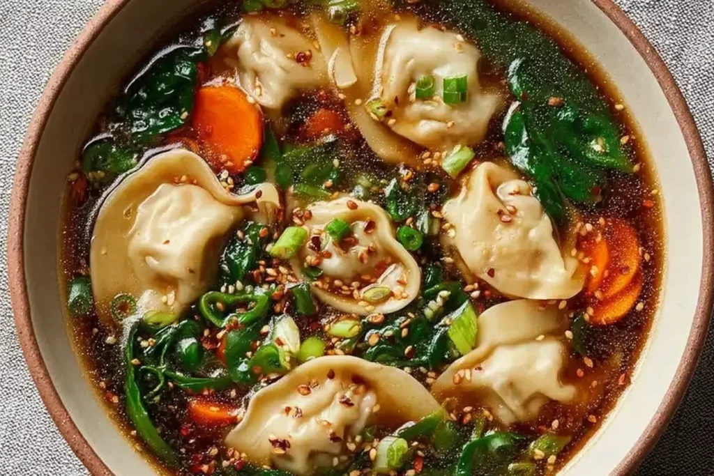 Bowl of Potsticker Soup with dumplings, spinach, carrots, and sesame seeds in a savory soy-ginger broth, topped with chopped green onions.