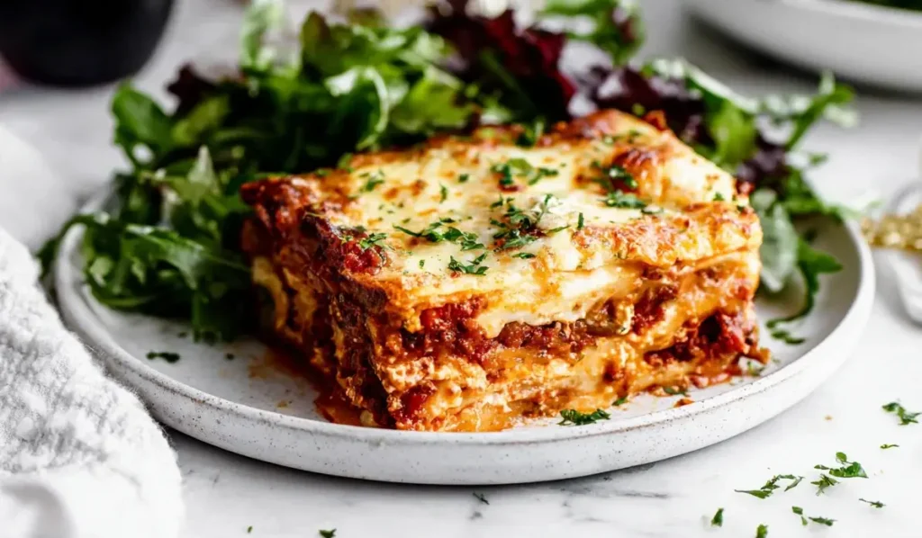 A hearty slice of Christmas Eve Lasagna layered with rich bolognese, creamy ricotta, and melted cheese, served with fresh greens.