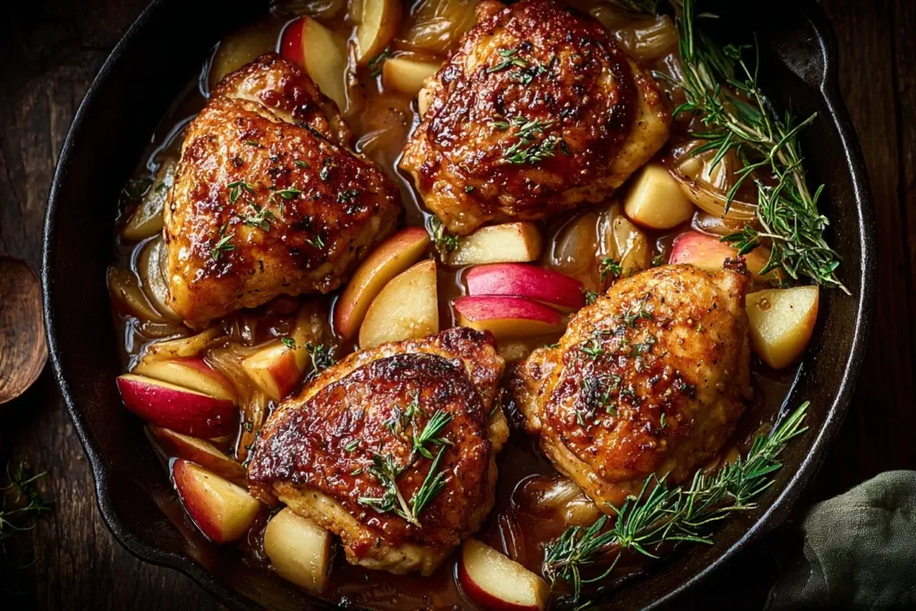 Apple Maple Chicken with crispy chicken thighs, tender apples, and fresh herbs in a rich maple glaze.