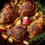 Apple Maple Chicken with crispy chicken thighs, tender apples, and fresh herbs in a rich maple glaze.
