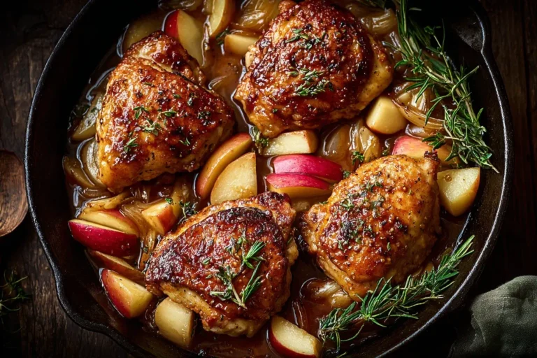 Apple Maple Chicken with crispy chicken thighs, tender apples, and fresh herbs in a rich maple glaze.