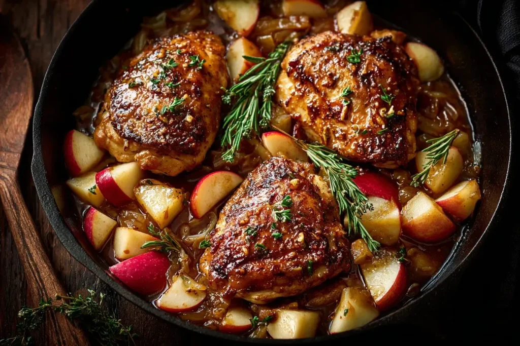Apple Maple Chicken with crispy chicken thighs, tender apples, and fresh rosemary in a flavorful maple glaze.