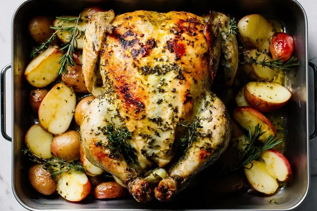 Cider Brined Roast Chicken with golden skin, roasted potatoes, and fresh rosemary in a baking pan.
