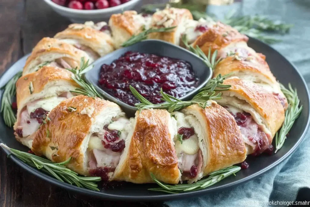 Turkey Cranberry Crescent Ring filled with turkey, Gruyere, and cranberry sauce, baked golden brown and served with extra cranberry dip in the center.
